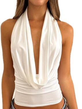 White Draped Halter Cowl Neck Tank Top